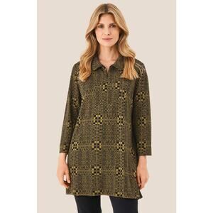 Masai Tunic Women's Medium MaGally Jersey Plantation Print Black Lagenlook Zip